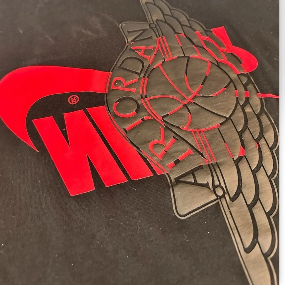 Jordan Black Tee with Red Winged Logo Nike Air upside down!🙃
